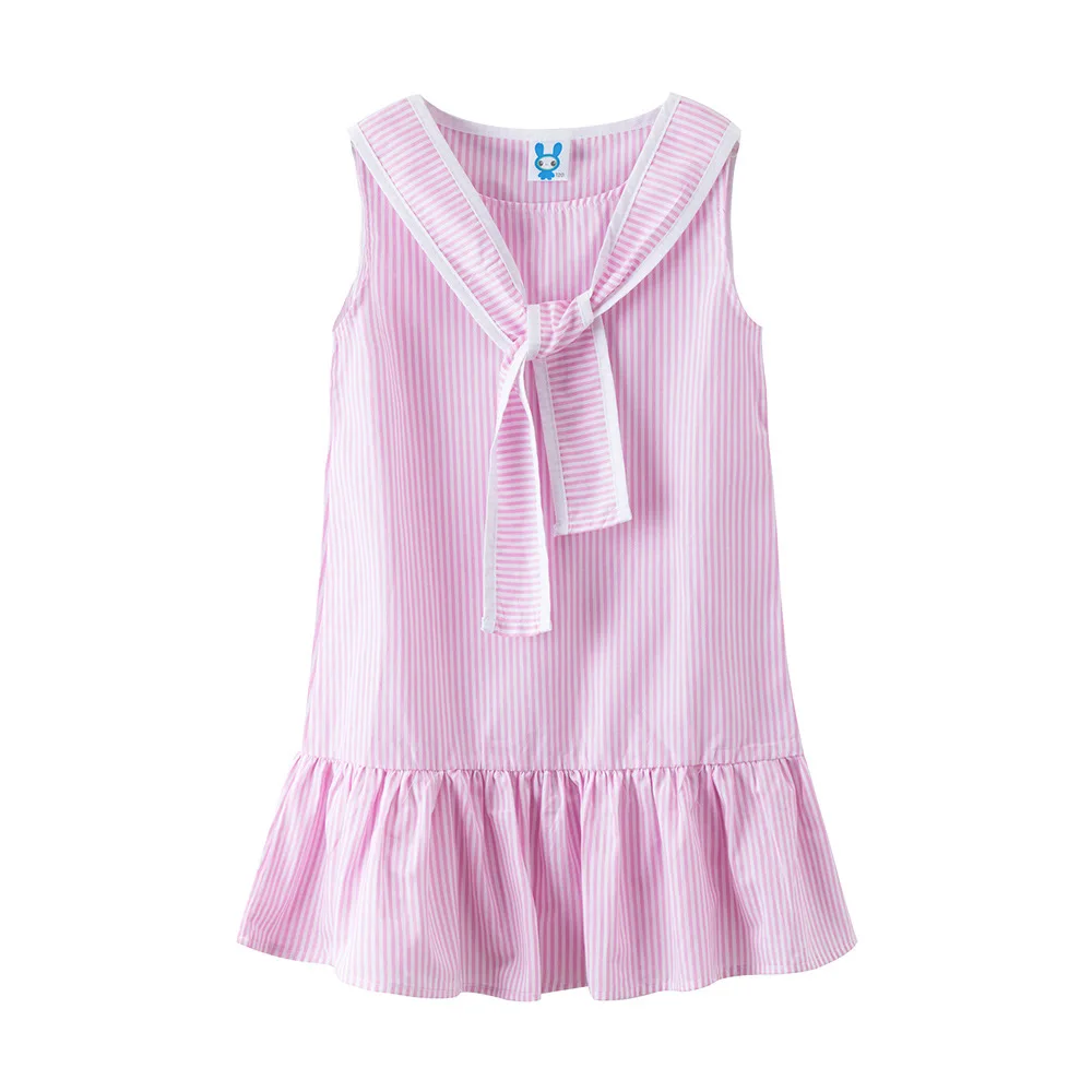 

Teen Girls Striped Dress Fashion College Wind Scarf Design Fishtail Hem Stitching Summer Girl Sleeveless Dress Kids Clothes