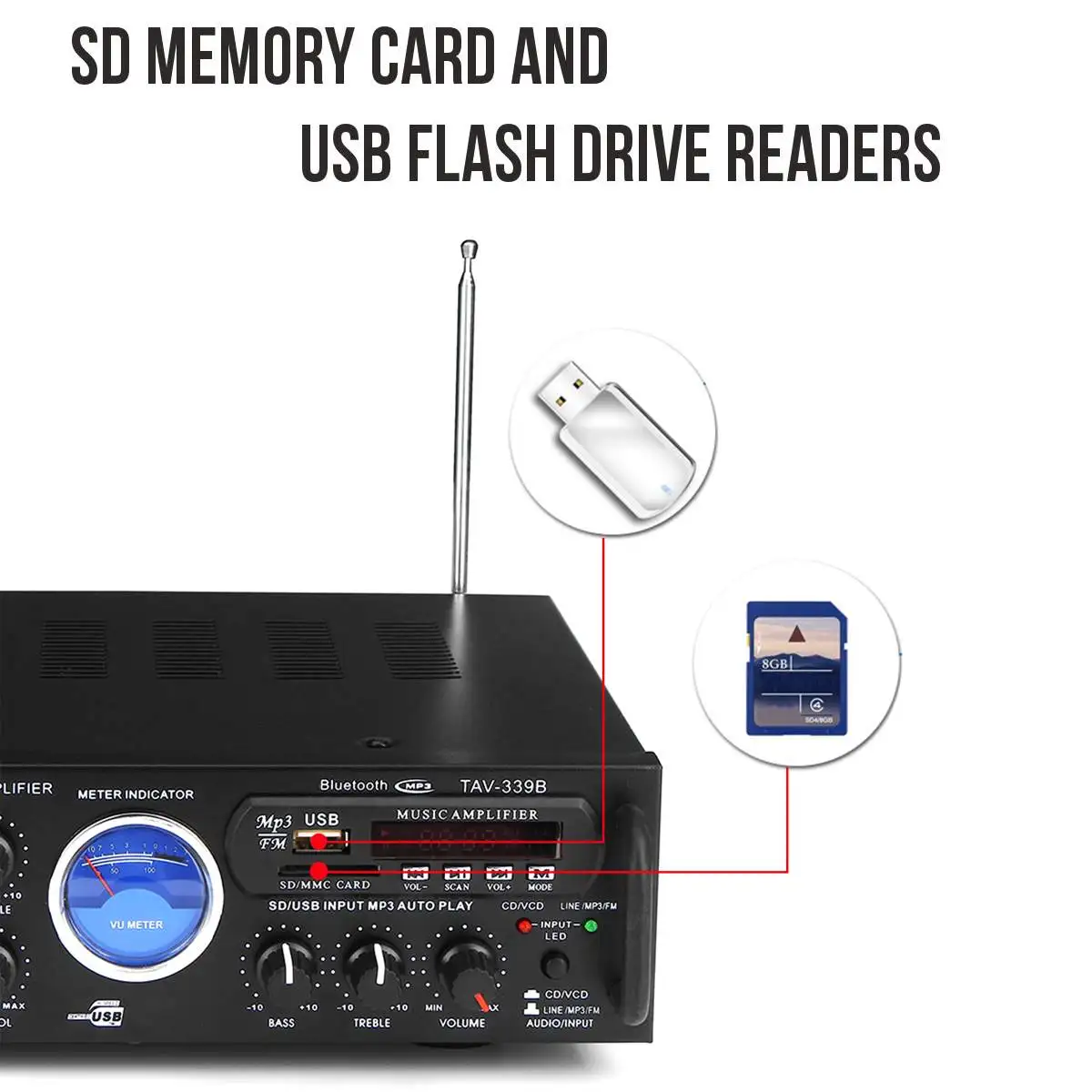 Усилитель мощности Sunbuck TAV-339B 2 канала 600 Вт bluetooth с измерителем VU FM-радио USB SD-картой