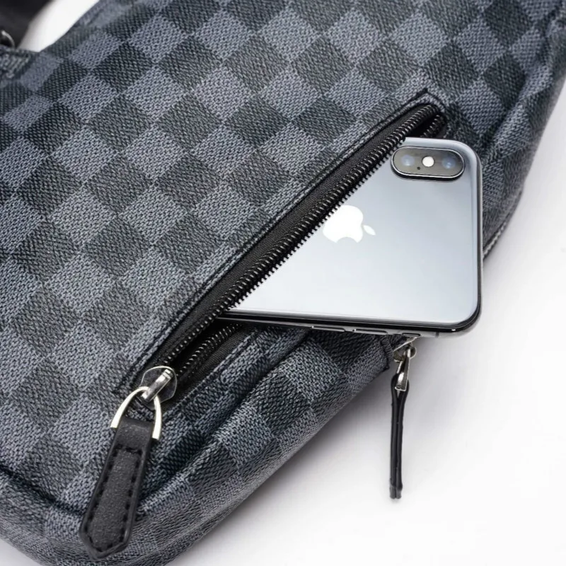 

Fashion Small Plaid Leather Chest Bag Men Cross Body Sling Shoulder Bags Male Zipper Men CrossBody Bags For Man