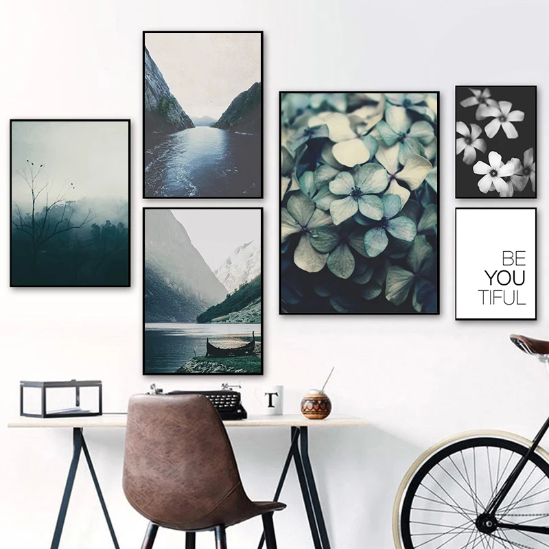 

[BJYWDAP] Mountain Fog Lake Boat Natural Landscape Wall Decor Flower Modern Painting Home Decor Wall Picture Plant Living Room