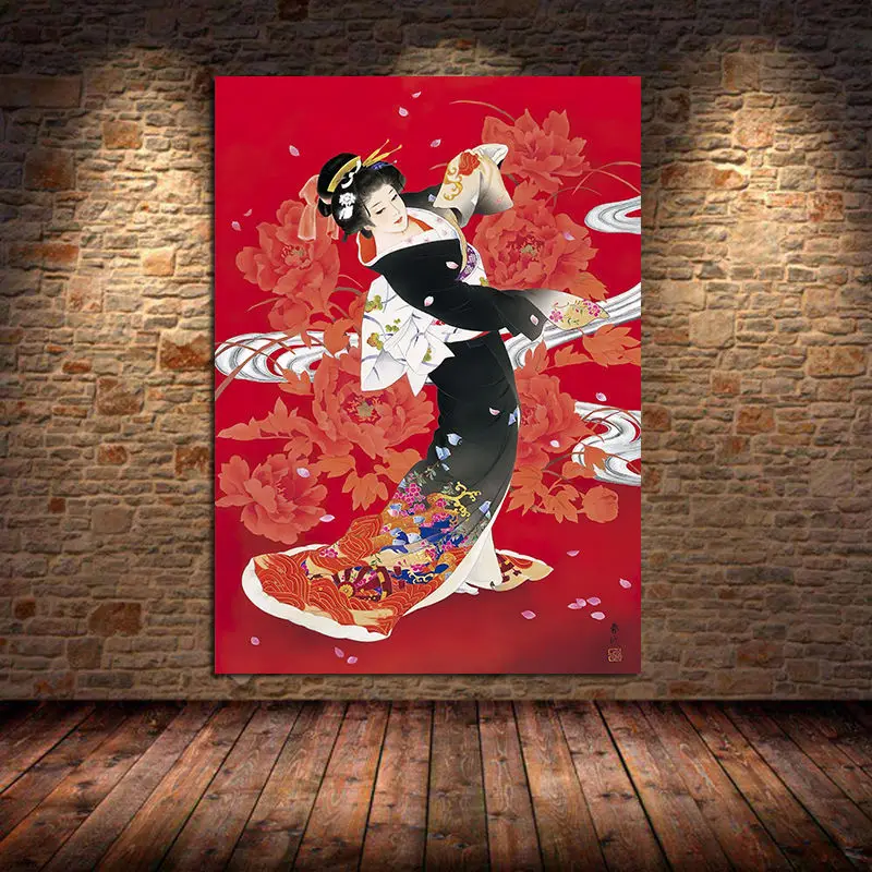 

Japanese Geisha And Yin-Yang Fish Painting On Canvas Wall Art Posters and Prints Samurai Picture for Living Room Home Decoration