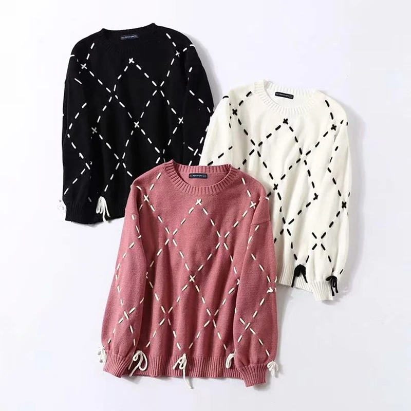 

Sweater Woman New 2020 Winter Loose Rope Lace Knitted Sweater Trendy Diamond Lattice Tie-up Casual Ladies Sweaters And Pullovers