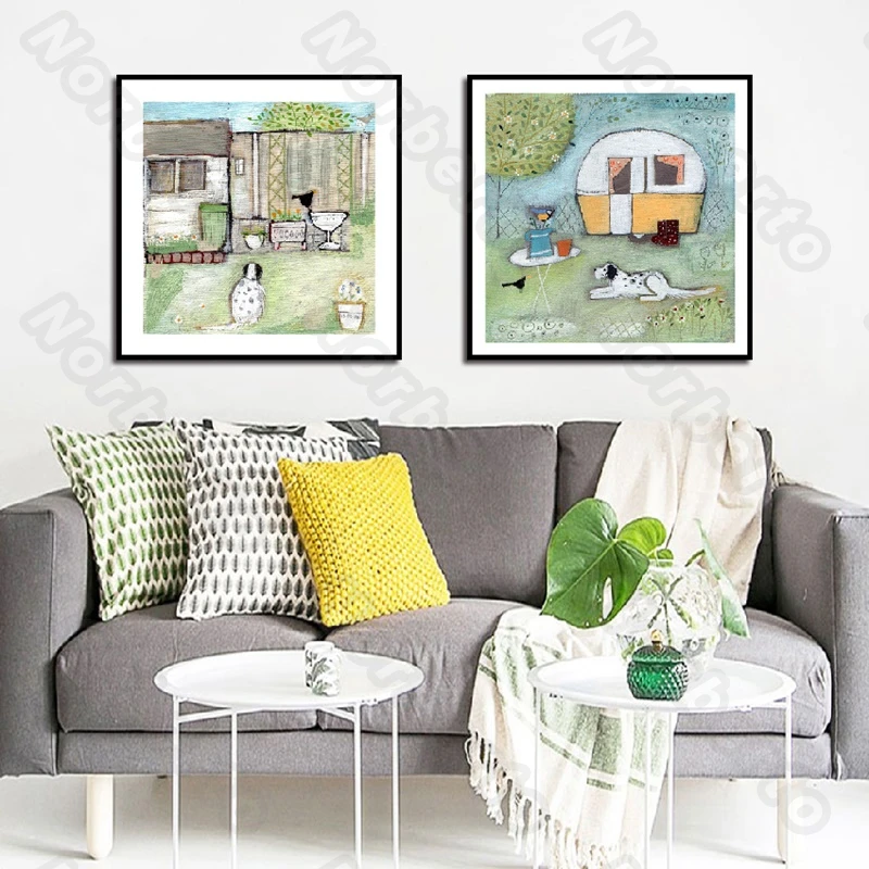 

Children Drawing Picture Canvas Painting Poster Chinese Rural Life with Cat Dog Geese Small Houses for Home Rooms Decoration