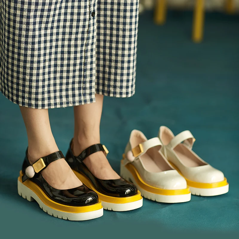 

Platform Genuine Leather Mary Janes Shoes Square Heels Round Toe Women Pumps Summer Mixed Colors Fashion Party Shoes Black White