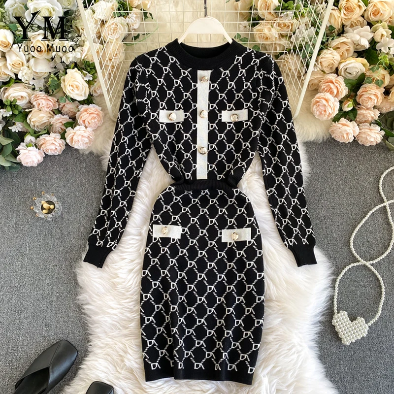 

YuooMuoo, женское черное трикотажное платье-свитер с геометрическим рисунком, женское Элегантное трикотажное офисное платье с надписью, Осень-...