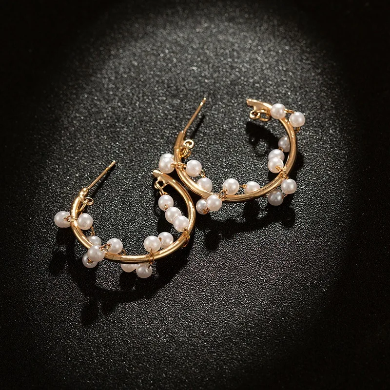 Женские большие серьги кольца ручной работы массивные с жемчугом корейский