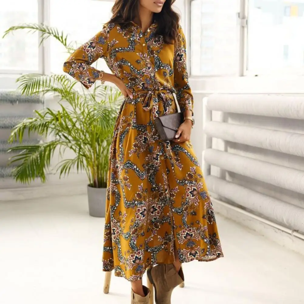 

2021 New Autumn Shirt Dress Polka Dots/Floral Print Long Sleeve Spring Women Single-breasted Belt Maxi Dress for Party