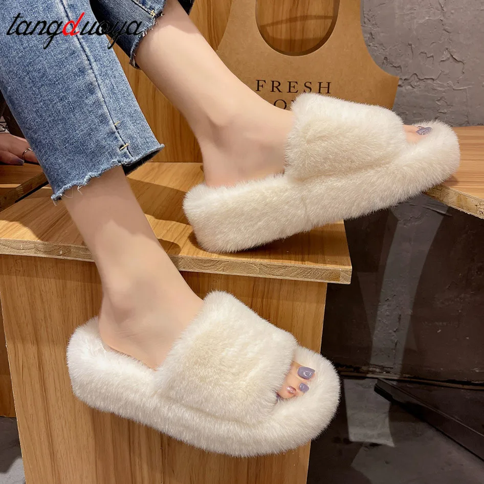 Fur Home Slippers Woman Platform Plush Indoor Fashionable Furry Shoes Fuzzy Fluffy autumn Winter Slippers Platform Flip Flops