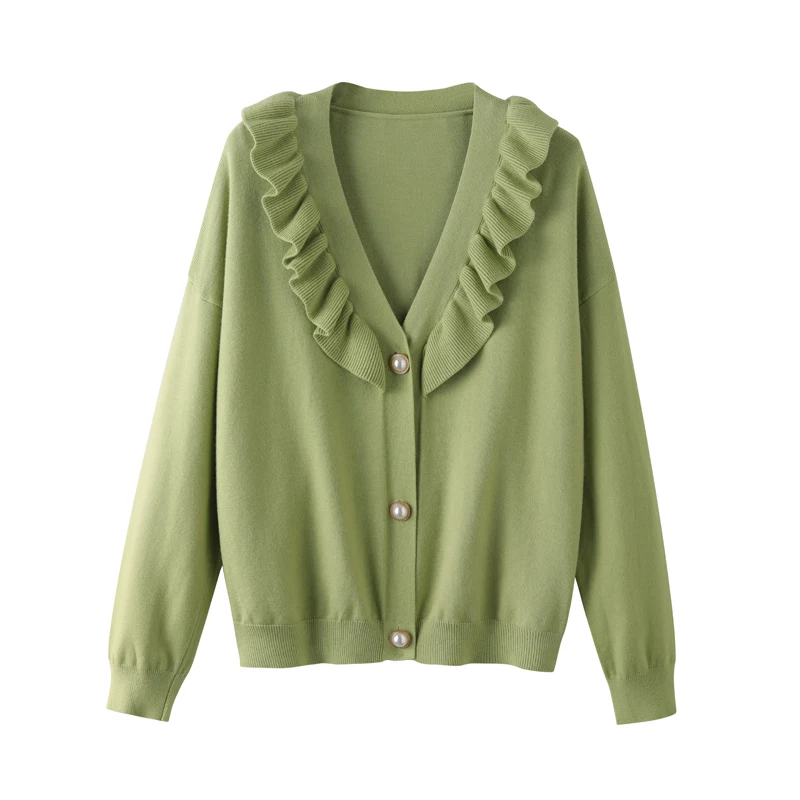 

the spring and autumn period and the new v-neck falbala long-sleeved sweater knitting coat sweet students outside