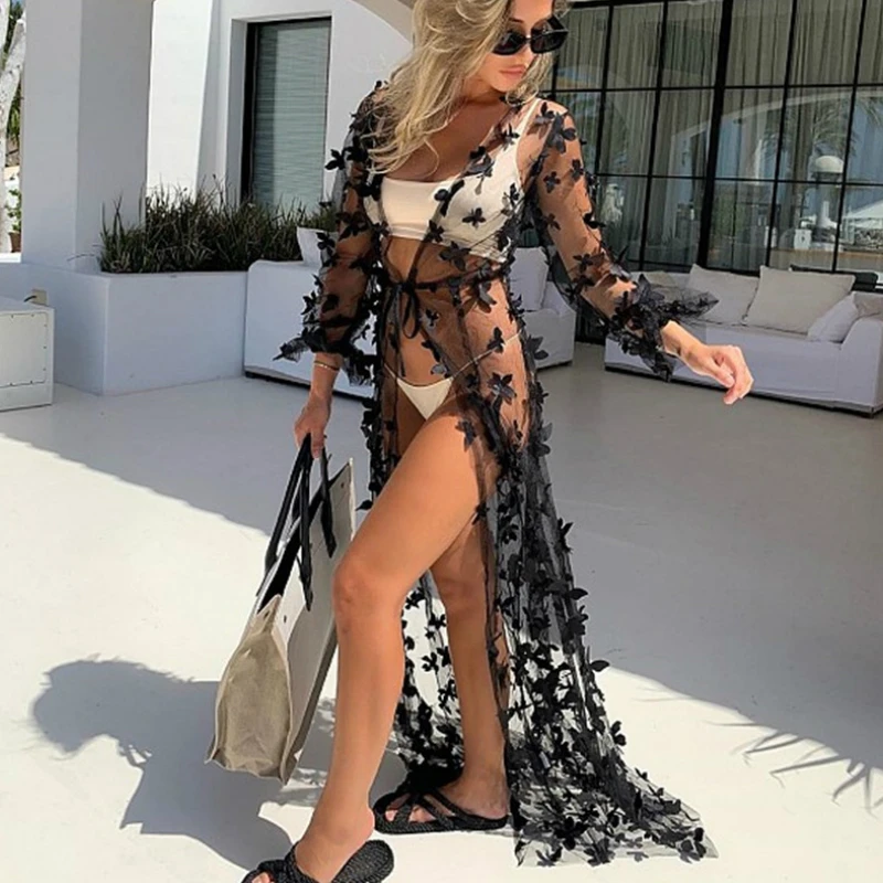 

Summer Women Beach Dress Kimono Cardigan Sexy Lace Mesh 3D Butterflies Perspective Beachwear Bathing Bikinis Swimsuits Holiday