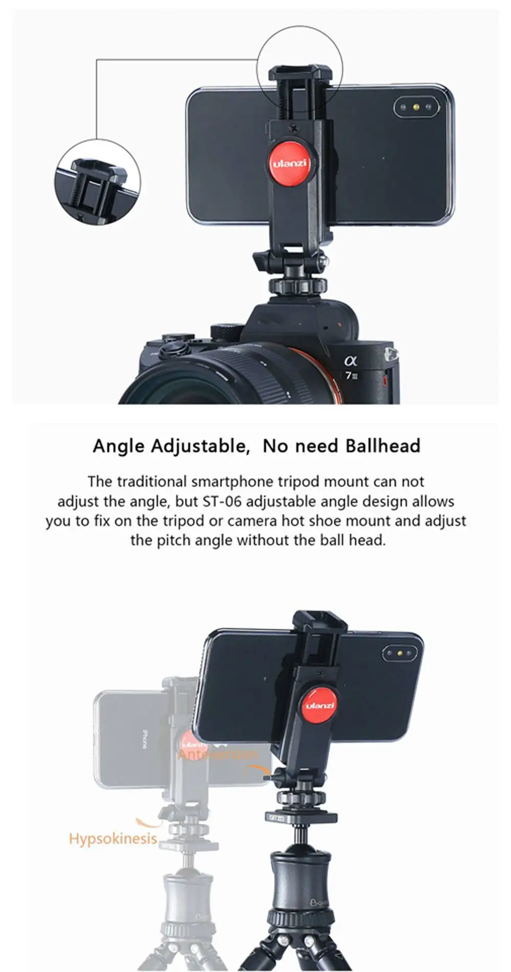 Ulanzi ST-06 360 Degree Rotation Vertical Bracket Phone Clip Holder Clamp Mount with Cold Shoe for DSLR Phone Photo Monitoring