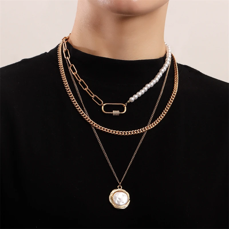 

Creative Geometric Design Disc Shaped Pearl Pendant Necklace Hip Hop Punk Style Multi-Layered Necklace Ladies Jewelry Gifts