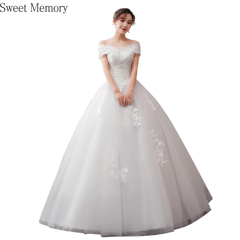

Sweet Memory 2021 Bride Dress Boat Neck Lace-Up Wedding Dresses Princess Robe Embroidery Lace Tulle Netting Formal Gown