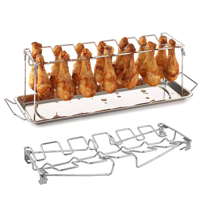 BBQ Beef Chicken Leg Wing Grill Rack 14 Slots Stainless Steel Barbecue Drumsticks Holder Smoker Oven Roaster Stand with Drip Pan