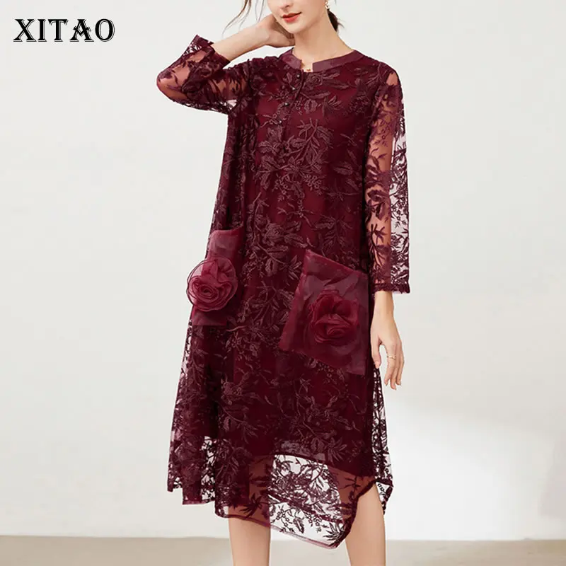 

XITAO Lace Patchwork Pullover Dress Women Korea 2021 Autumn New Arrival Personality Fashion Loose O-neck Wrist Dress GWJ0561