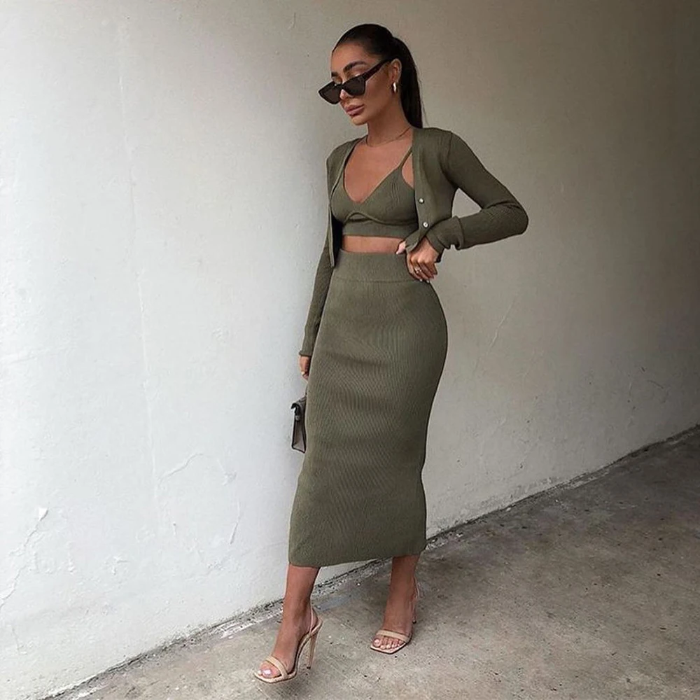 Женский комплект из трех предметов трикотажный кардиган с длинными рукавами и