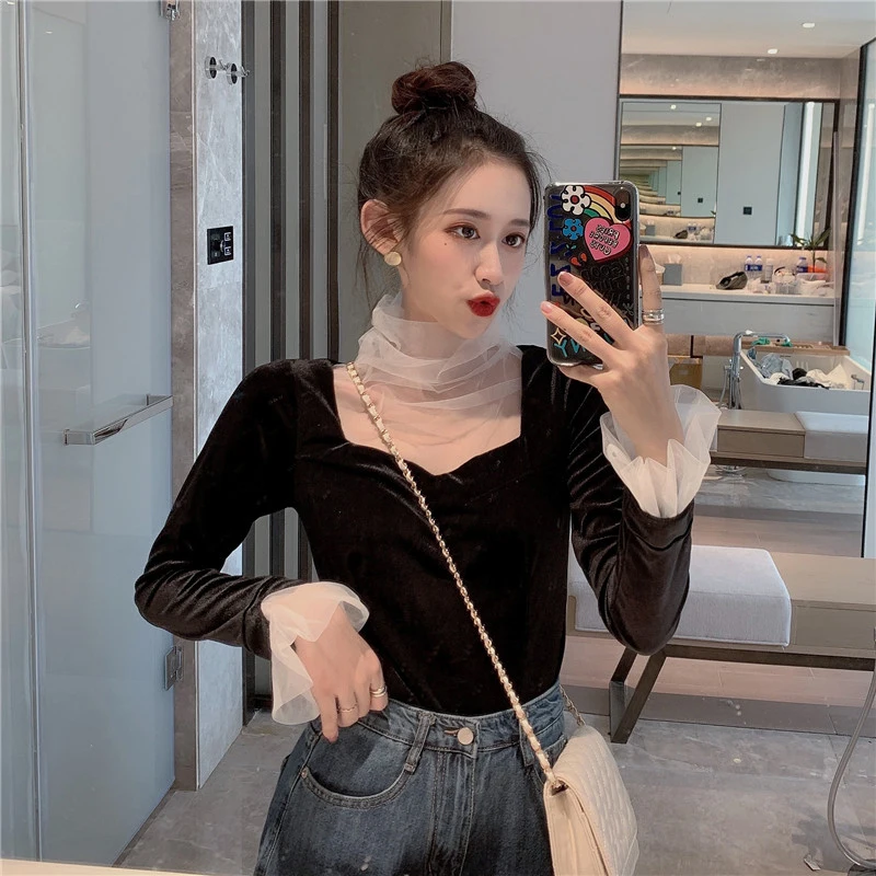 Однотонная кружевная женская шифоновая рубашка с воротником шикарная милая