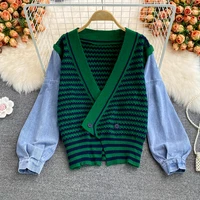 autumn fashion design feeling splicing cowboy false two knitted vest cardigan coat long sleeves striped sweater
