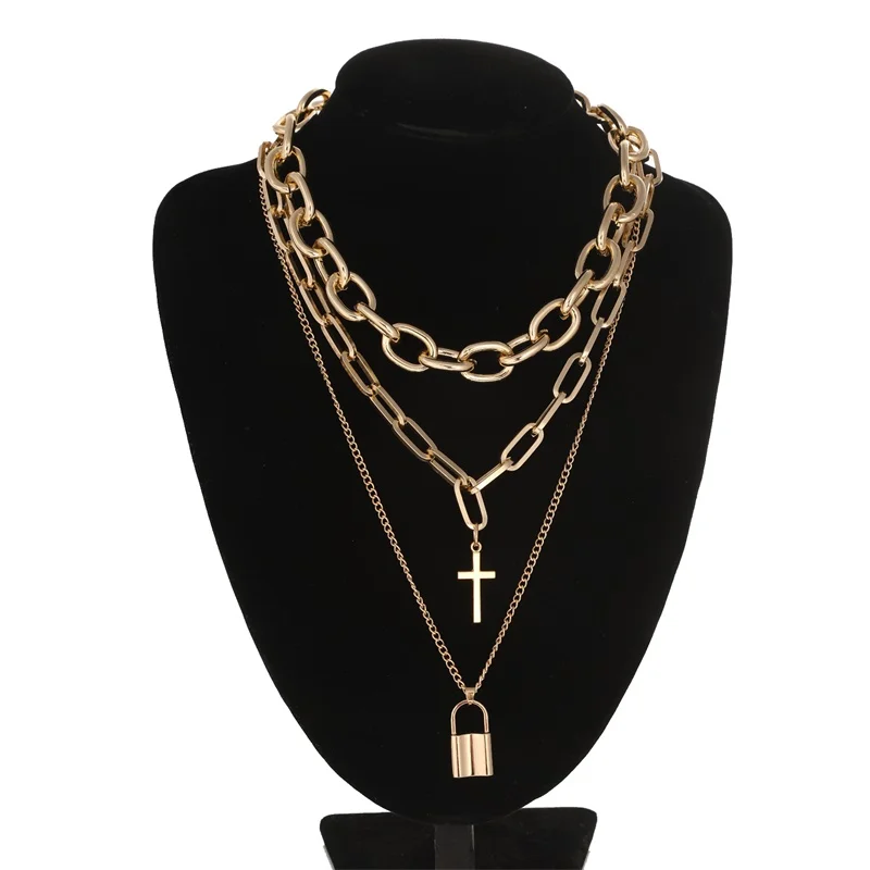 Vintage Punk Chain Necklace with Layered Grunge Aesthetic & Cross Pendant for Women and Men - Lock Choker Chains Goth Accessory image 4