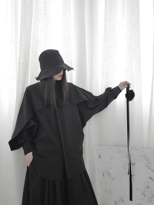 Женская рубашка с длинным рукавом Yamamoto темно синяя драпировкой в японском