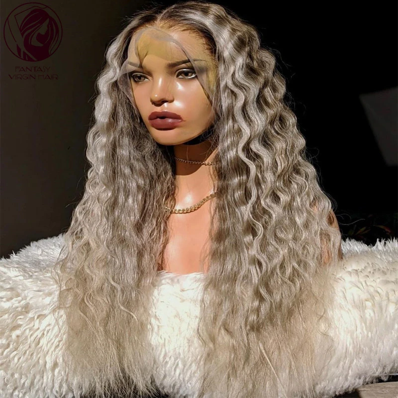 

Full Lace Wig Human Hair Deep Wave Curly Frontal Wigs Ombre Brown Platinum Blonde For Women Remy Pre Plucked 30inchs Long 180%