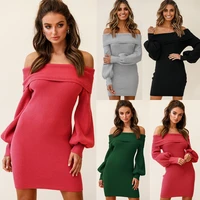 europe and the united states sexy bag hip knitted skirt strapless lantern sleeve dress autumn and winter new rib dress women