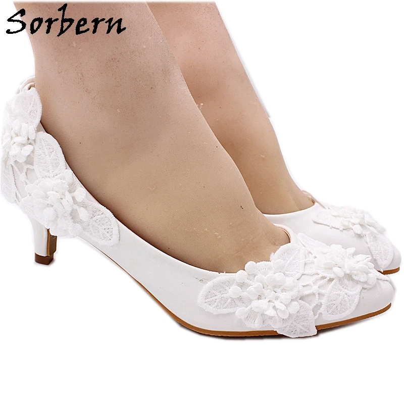 

Sorbern Elegant Kitten Heels Wedding Shoes Pump Stilettos White Flowers Appliques 5Cm Low Heels Slip On Big Size 9.5