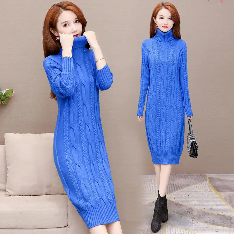 

Женское длинное трикотажное платье-водолазка, теплое свободное прямое облегающее платье-свитер, Осень-зима 2021