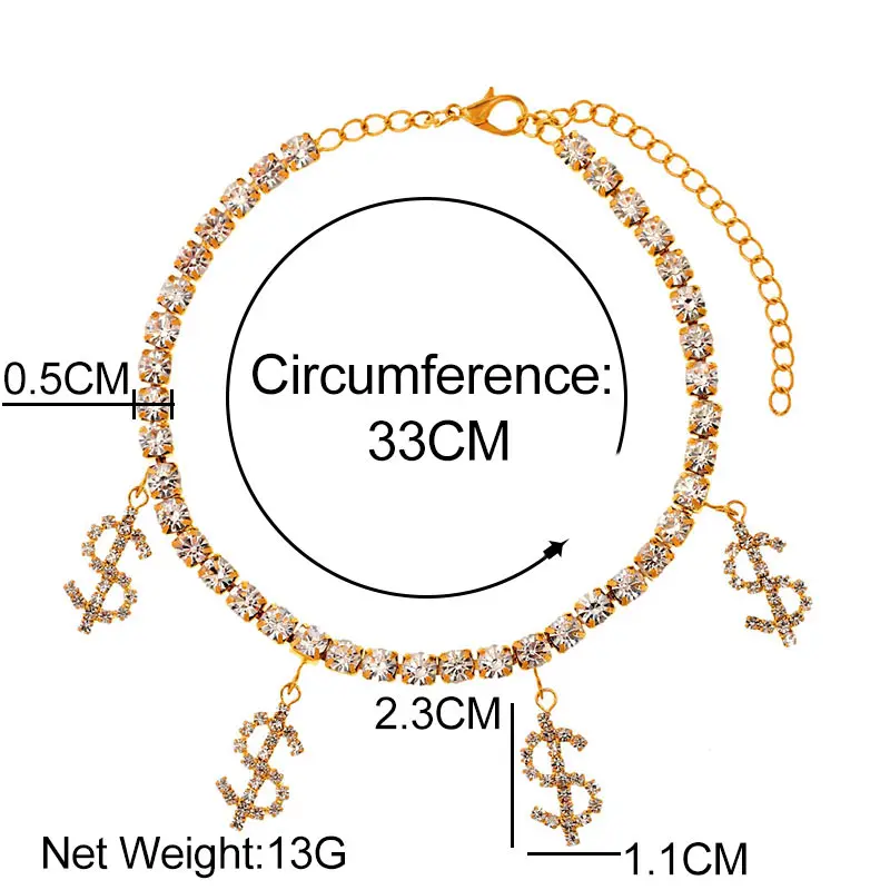 

Trendy Novelty Dollar Sign Pendant Crystal Rhinestone Tennis Chain Anklet For Woman Gold Silver Color Pendant Anklet Jewelry New