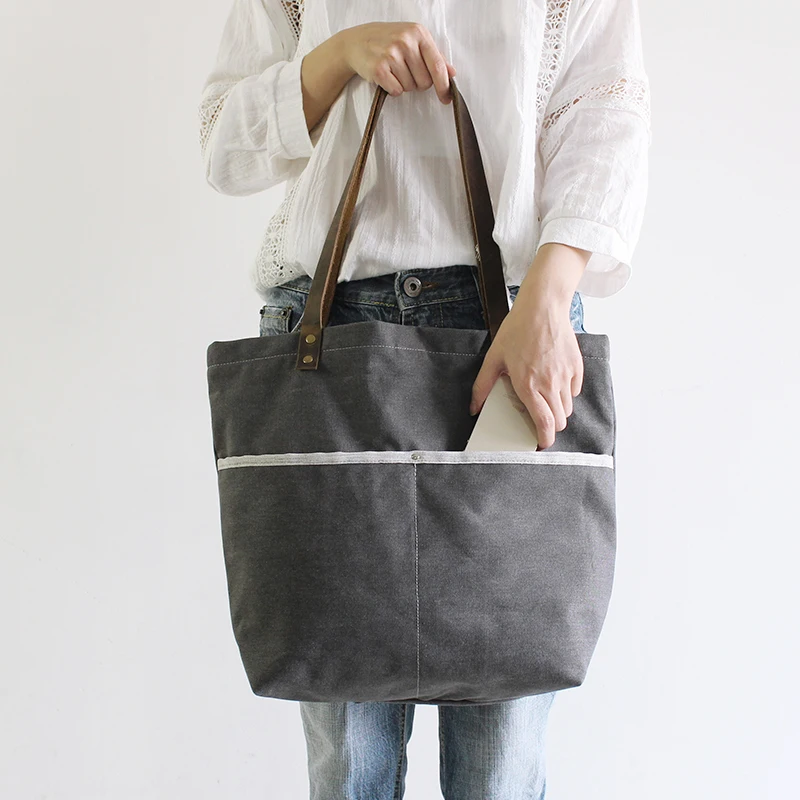 Оригинальная темно-серая большая кожаная Холщовая Сумка ручной работы женская