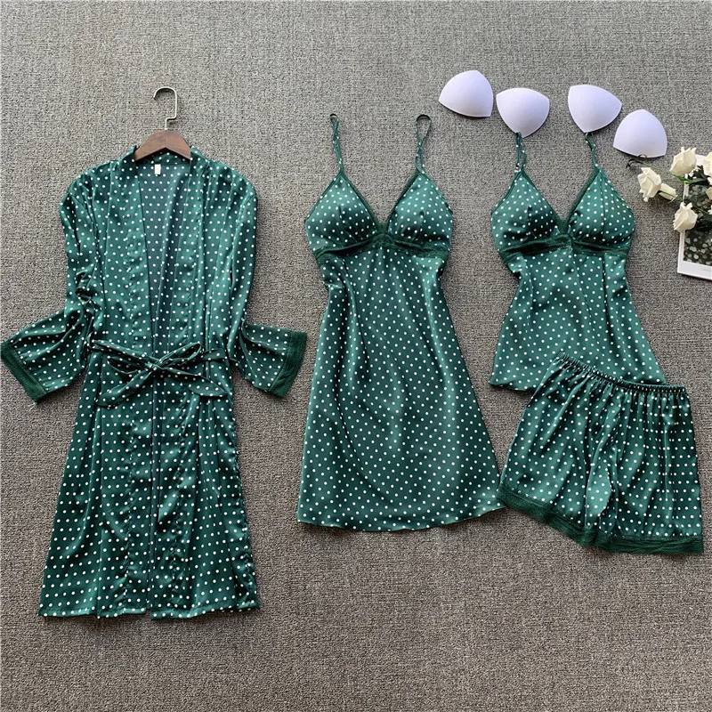

4PCS Spring Satin Lace Robe Gown Sets Sexy Womens Nighty Bathrobe Nightgown Sleep Suit Casual Dot Print Home Wear Sleepwear