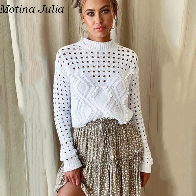Motina Julia Sexy hollow out chunky knitted sweater women 2018 white autumn soft pom pullover female basic jumper | Женская одежда