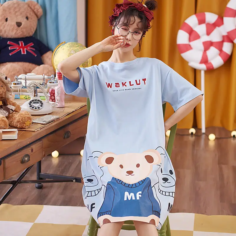 Nightdress Female Summer Long Section Over The Knee Loose Large Size Casual Cartoon Outside Pajamas Maternity Home Service
