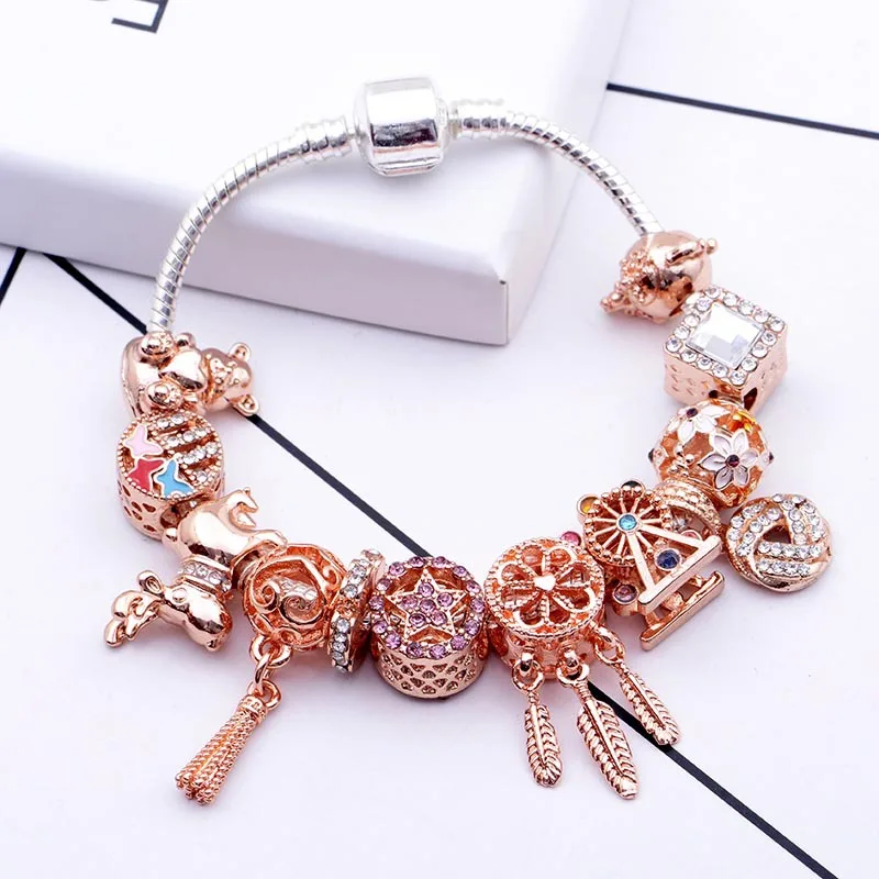 

Fhion new Panjia style rose gold diy bracelet charm mix and match Valentine's Day romantic flower girlfriends braceletas