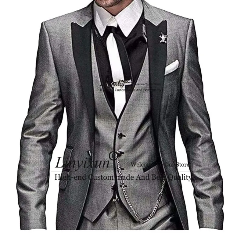 

Mens Grey Wedding Suit Male Blazers Slim Fit Suits For Men Costume Business Formal Party Groom Tuxedos Jacket+Pant+Vest