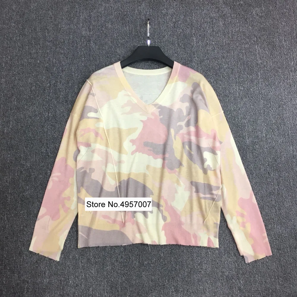 Cashmere 100% Women V Neck Camouflage Print Knit Sweater Pullover Top With Long Sleeve &amp Ripped Detail | Женская одежда