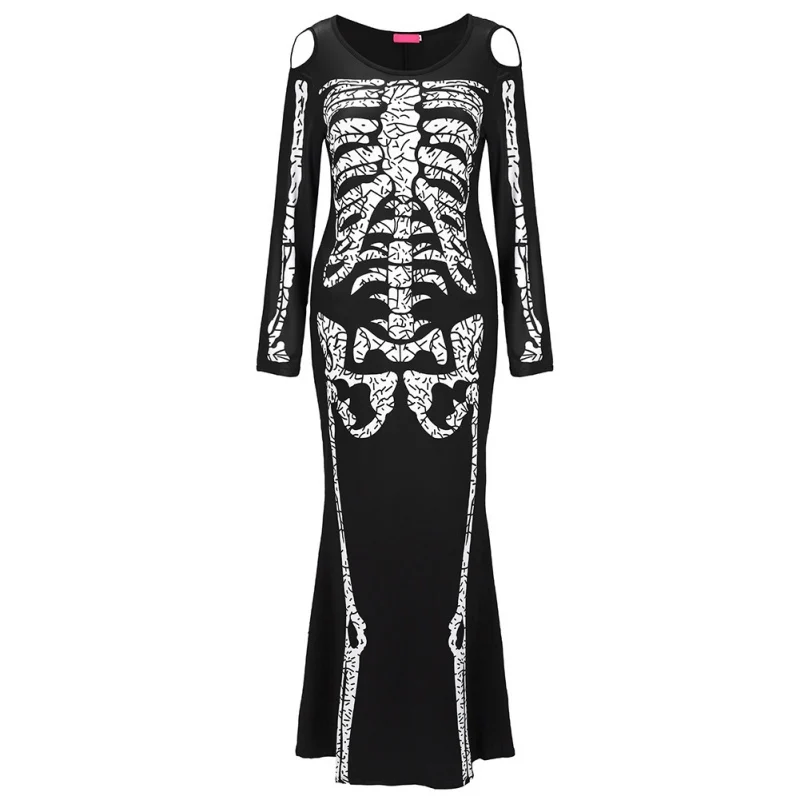 Костюмы на Хэллоуин для женщин с длинным рукавом платье ужас скелет костюм