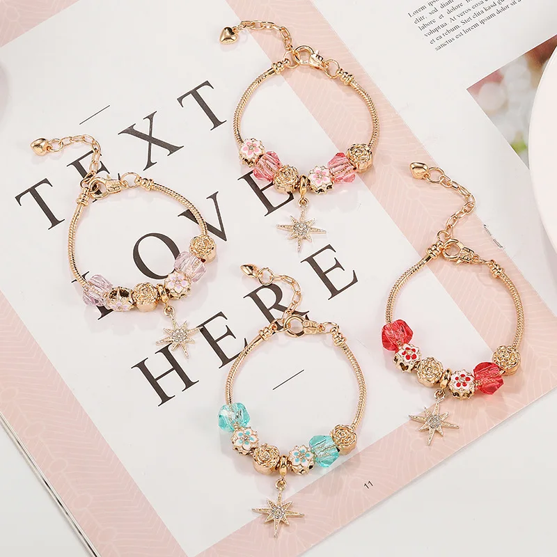 

Alloy inlaid artificial gem bracelet flowers Beaded octagonal Star Pendant lovers' bracelets for women luxury Charm