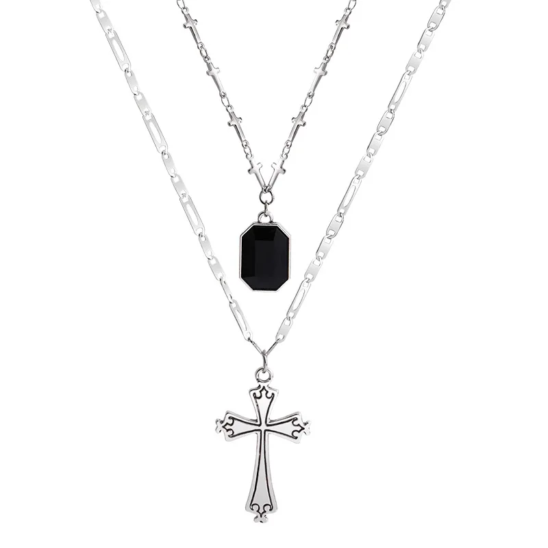 

European and American simple fashion retro double long cross pendant titanium steel necklace