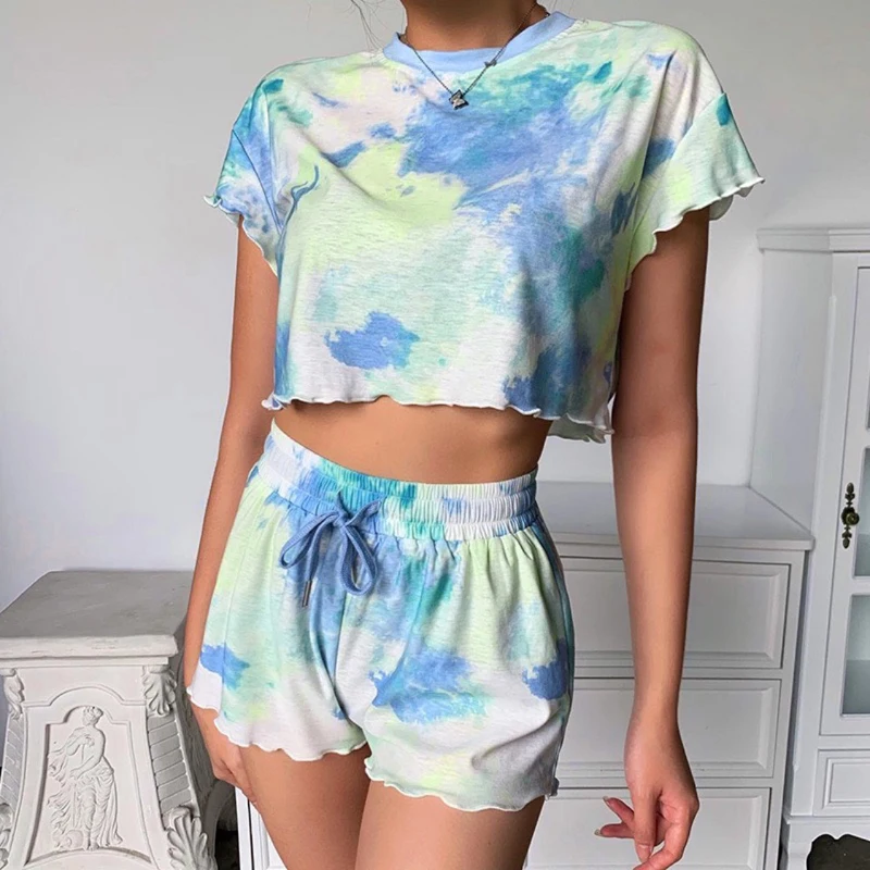 

Women Summer Shorts Two Piece Short Sleeve T Shirt & High Waist Drawstring Shorts Sets Ladies Fashion Tie Dye Casual Suits