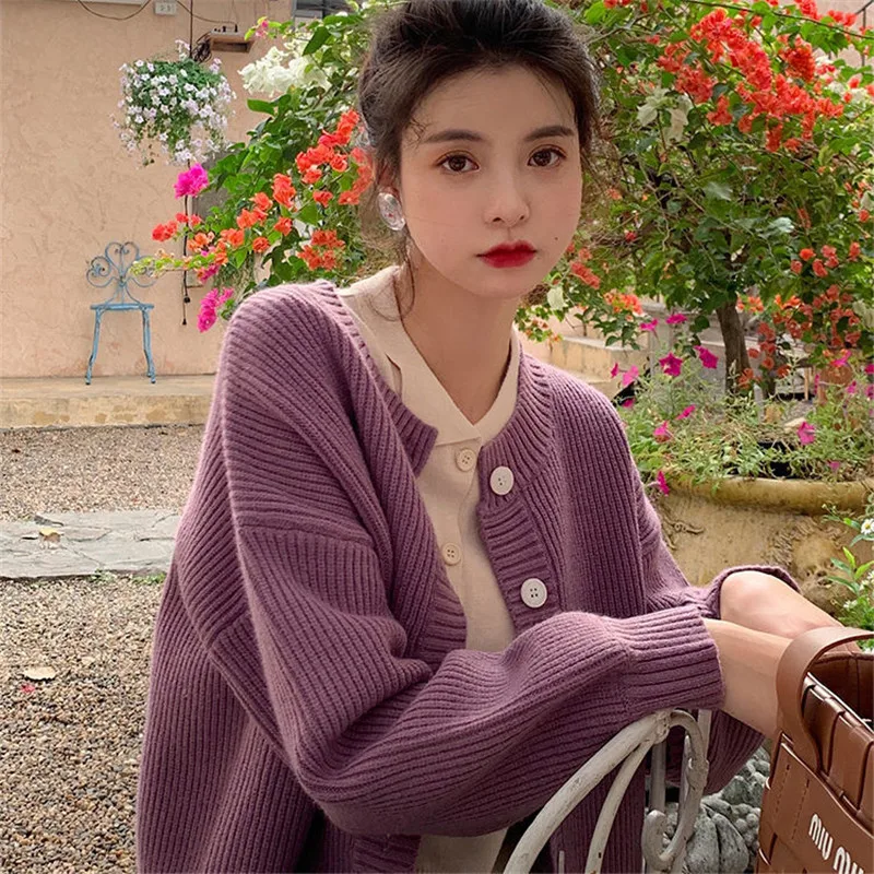 

Women Sweater Spring Autumn Long Sleeve Short Warm Cardigan Sweater Black Solid Simple Loose Knitted Jacket Plus Size jumper