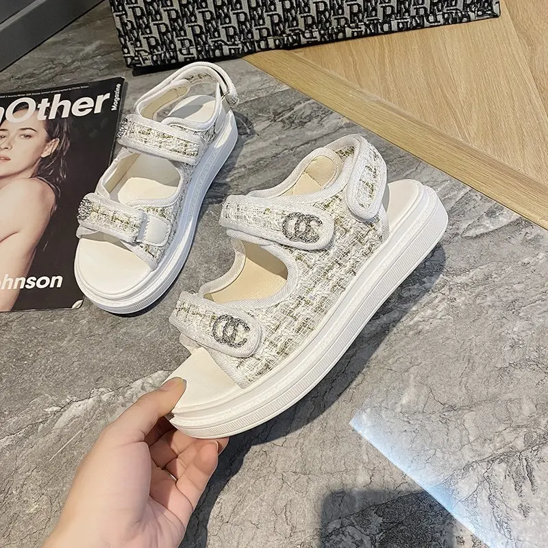 

Trendy Women Sandals Summer New Flat-bottomed Velcro Embroidery Casual Roman Brand Designer Shoes Thick-soled Sandals for Women