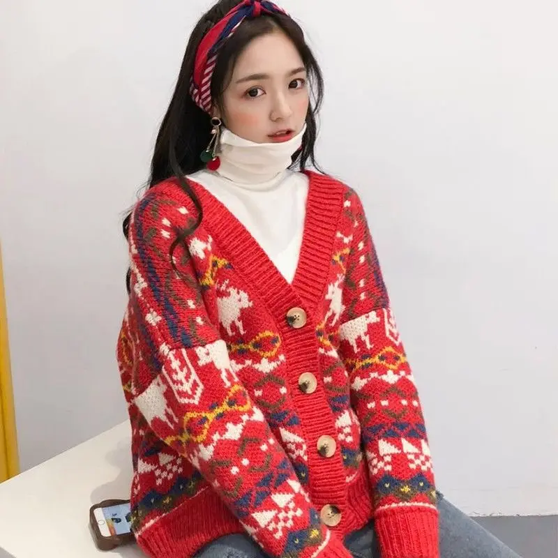 

2021 Spring New Christmas Big Red Cardigan Sweater Women's Jacket In The Long Section Thick Korean Version Of The Loose Sweater