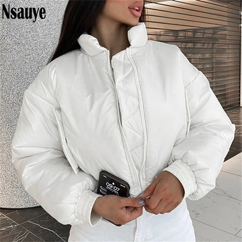 

Nsauye Fashion Autumn Winter 2021 Coat Tops Women Warm White Black Parkas Cropped Jackets Overcoat Zipper Loose Outwear Casual