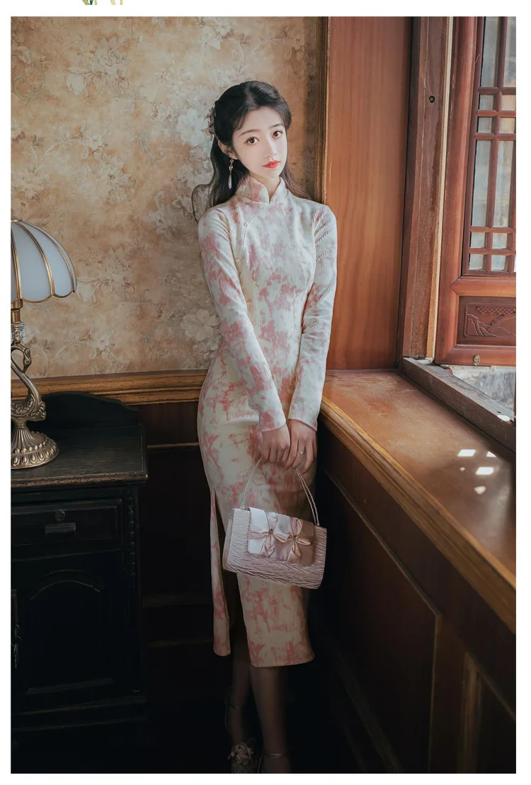 

New autumn original Chinese Old shanghai style mandarin collar Vintage ink painting Cheongsam dress for women