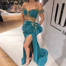 LORIE Vestidos de Noche azules, con cuentas y hombros descubiertos, ilusión de encaje, para baile de graduación, abertura alta, fiesta Formal, segunda recepción (2)