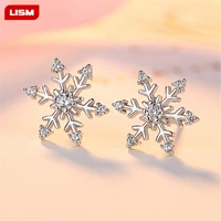 silver plated hollow snowflake zircon flower stud earrings for women christmas gift brincos oorbellen