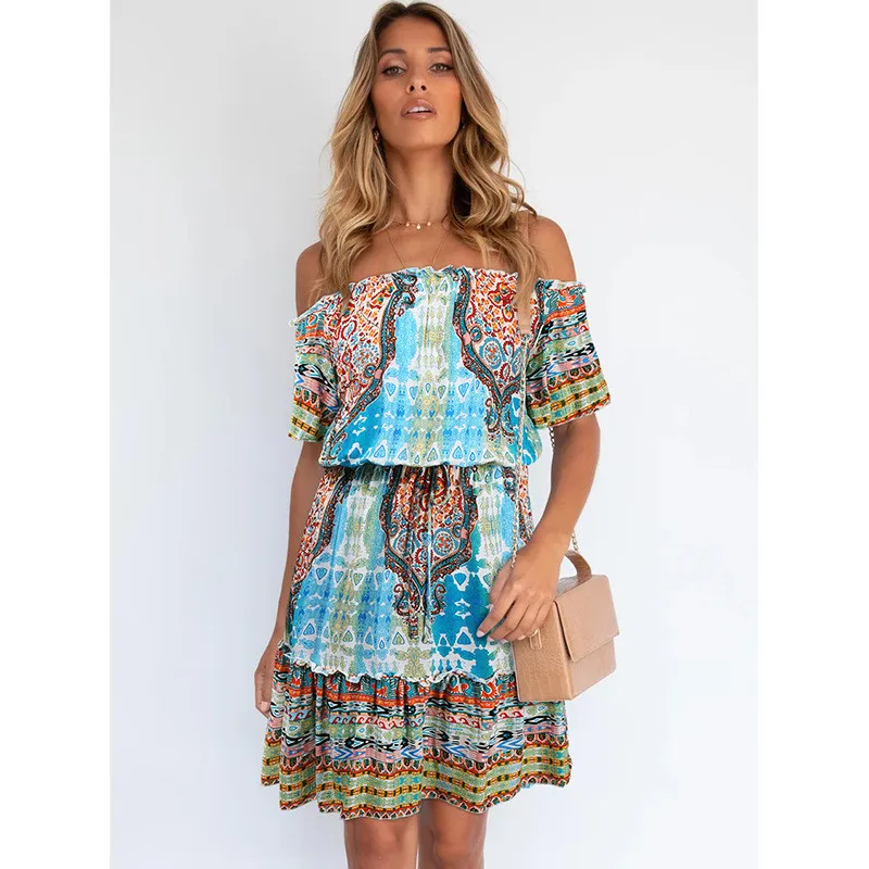 

Women's Fashion Printed Short Sleeve Off-the-shoulder Bohemian Dress summer dress women vintage dress women dress