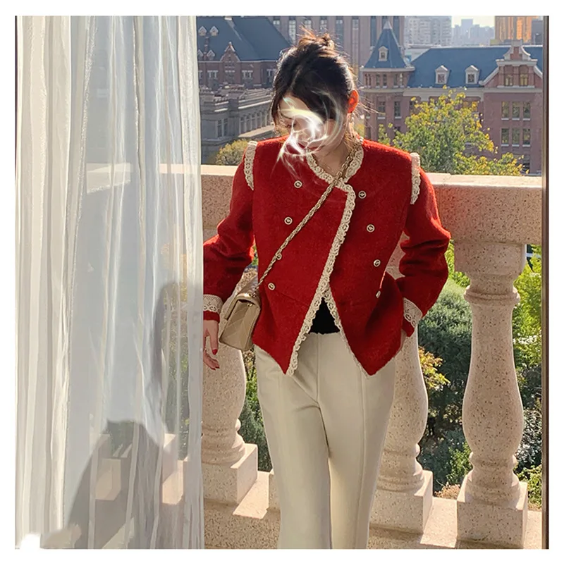 

Korean Style Autumn Winter Women Elegant Woolen Coat Bee Button Lace Macrame Fashion Slim Jacket Warm Lady Short Coat