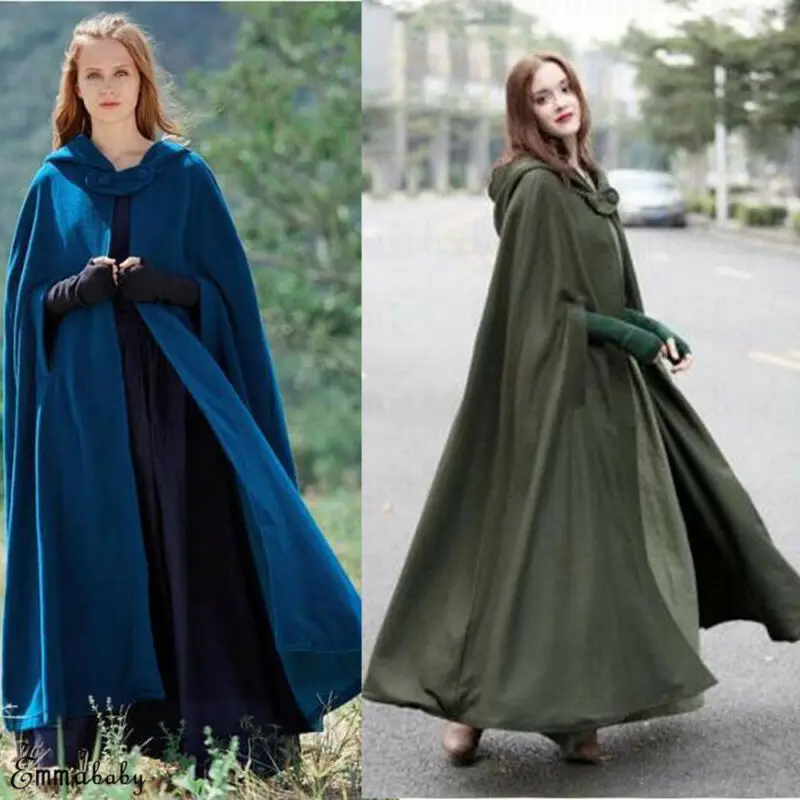 

Women Winter Vintage Hooded Cloak Sleeveless Button Closure Thin Hooded Long Cape Costume Halloween Cosplay Outerwear